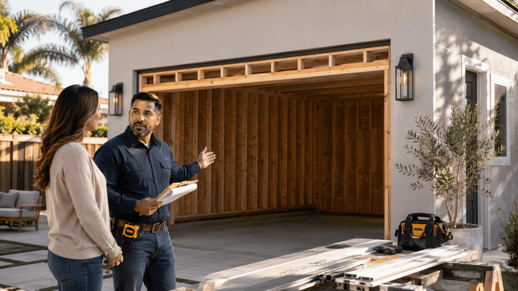 Irvine garage door contractor consulting homeowner about urgent door replacement project