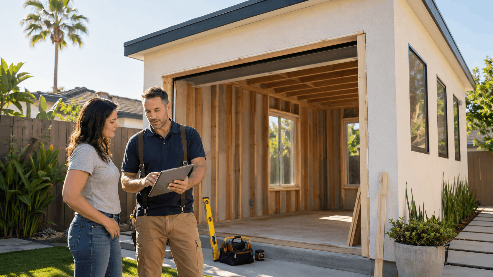 Contractor showing homeowner tablet plans outside unfinished garage door installation Irvine
