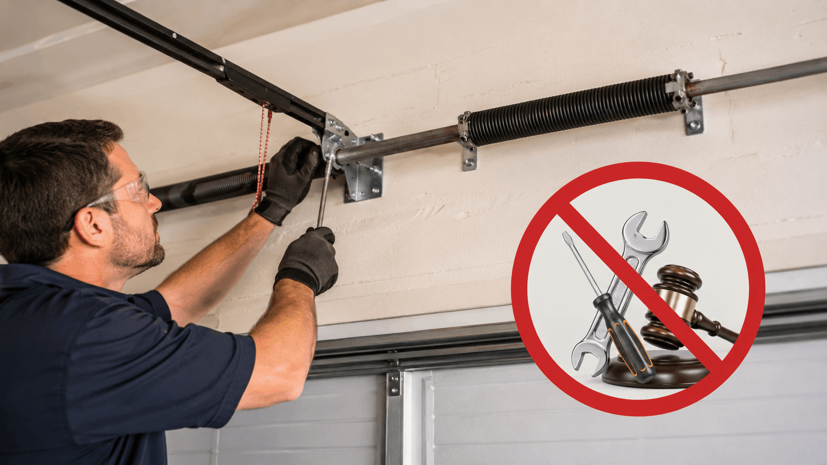 Technician repairing garage door torsion spring with no-DIY legal warning symbol overlay