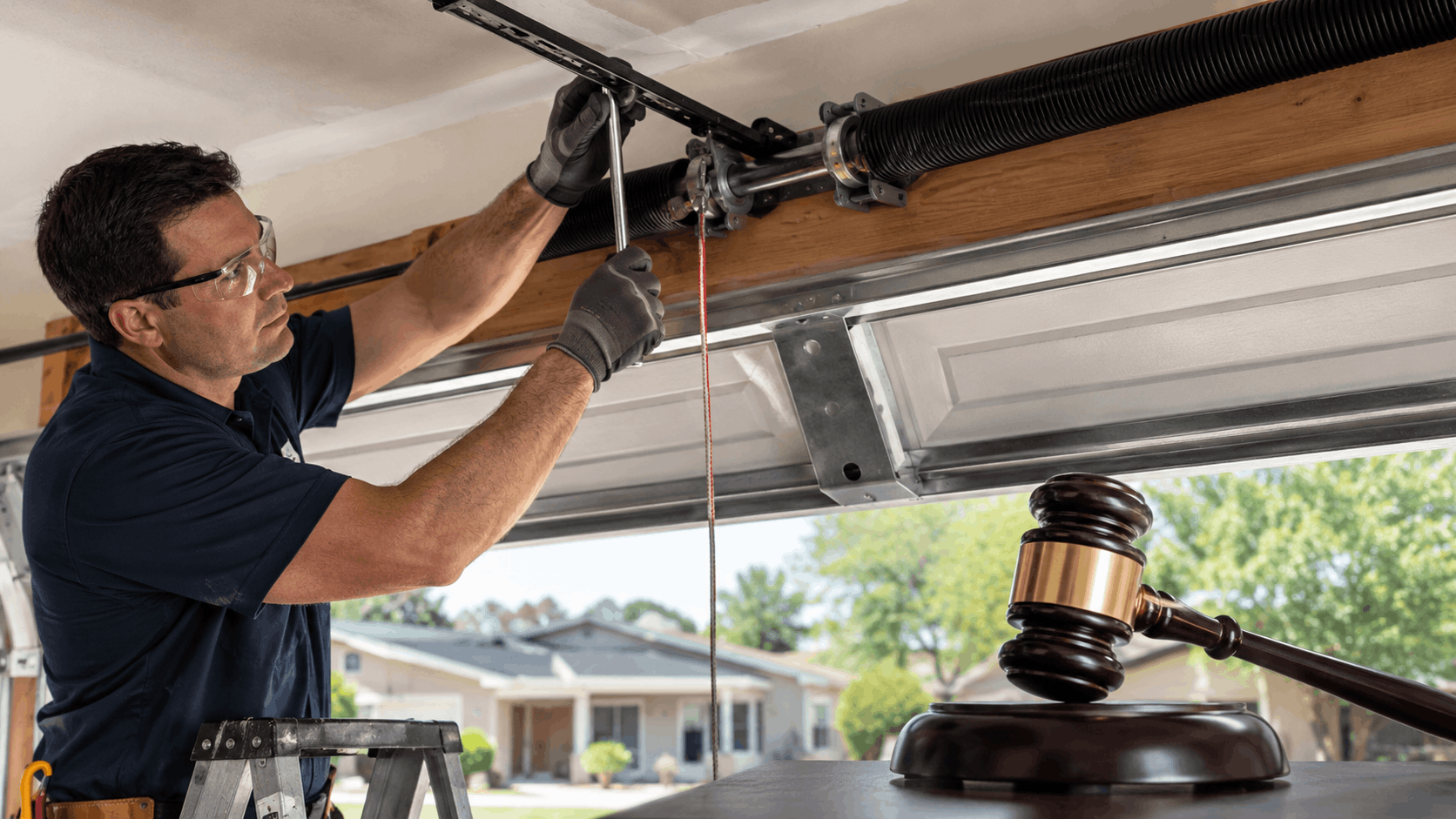 Garage door technician replacing torsion springs with gavel symbolizing Irvine permit requirements