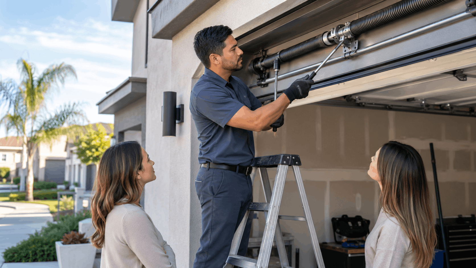 Technician repairing failing garage door spring on ladder while homeowners watch in Irvine