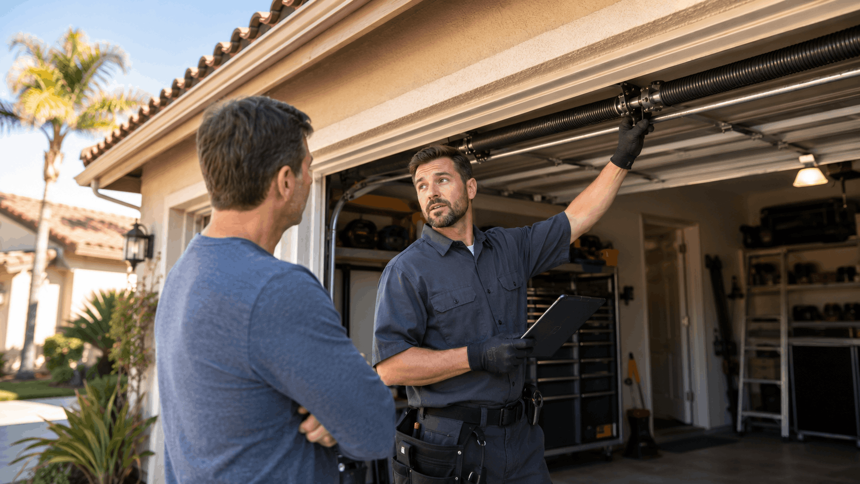 Licensed garage door technician inspecting torsion spring with homeowner in Irvine driveway