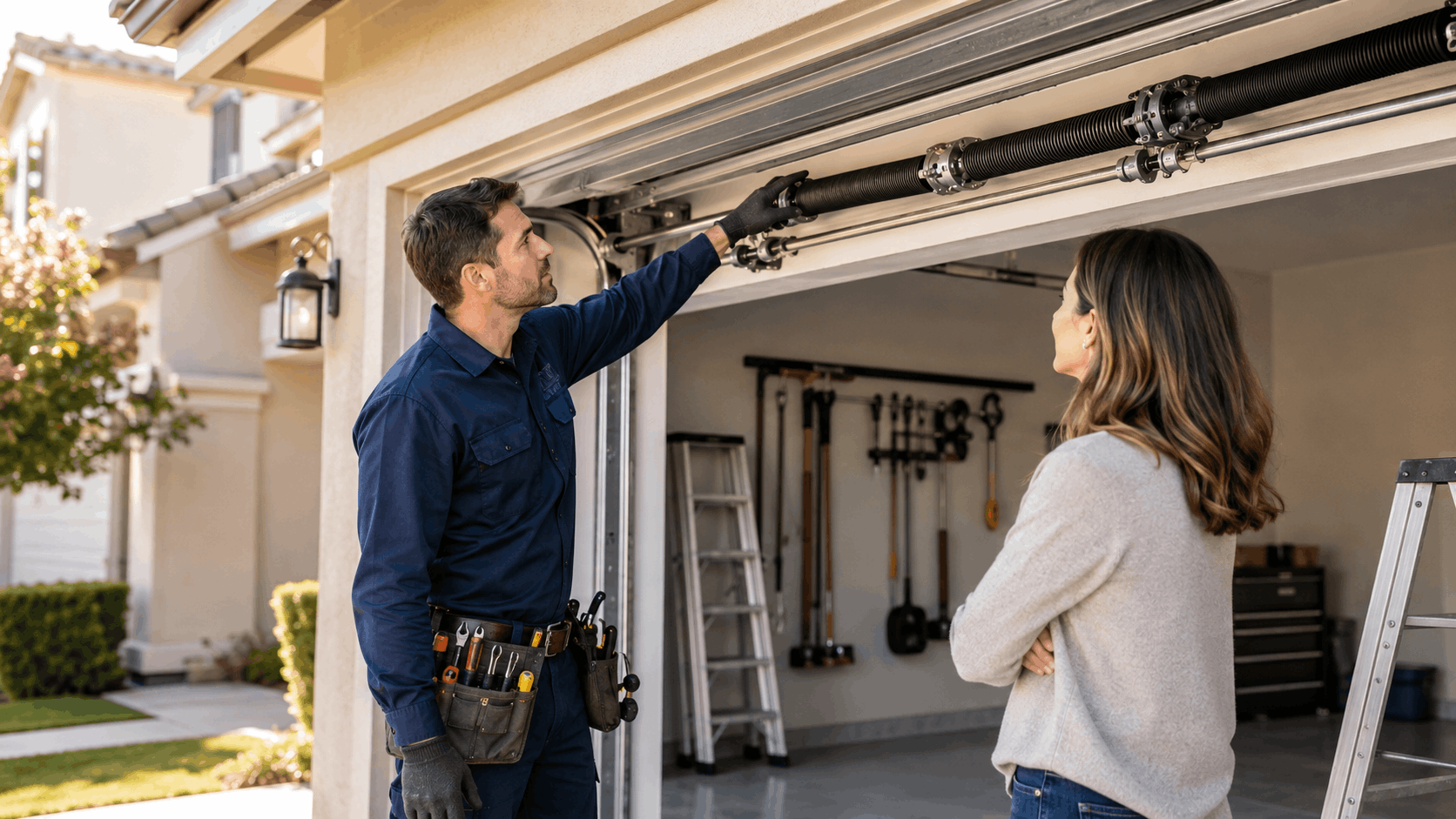 Garage door technician explaining torsion spring system to Irvine homeowner during inspection