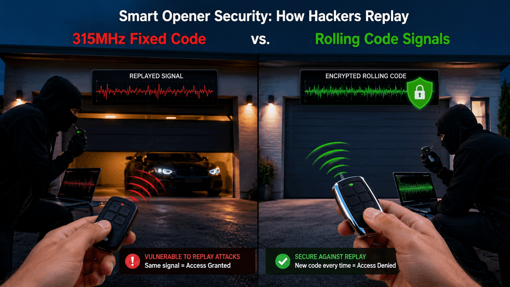 Garage door remote security comparison showing fixed code replay attack versus rolling code encryption protection