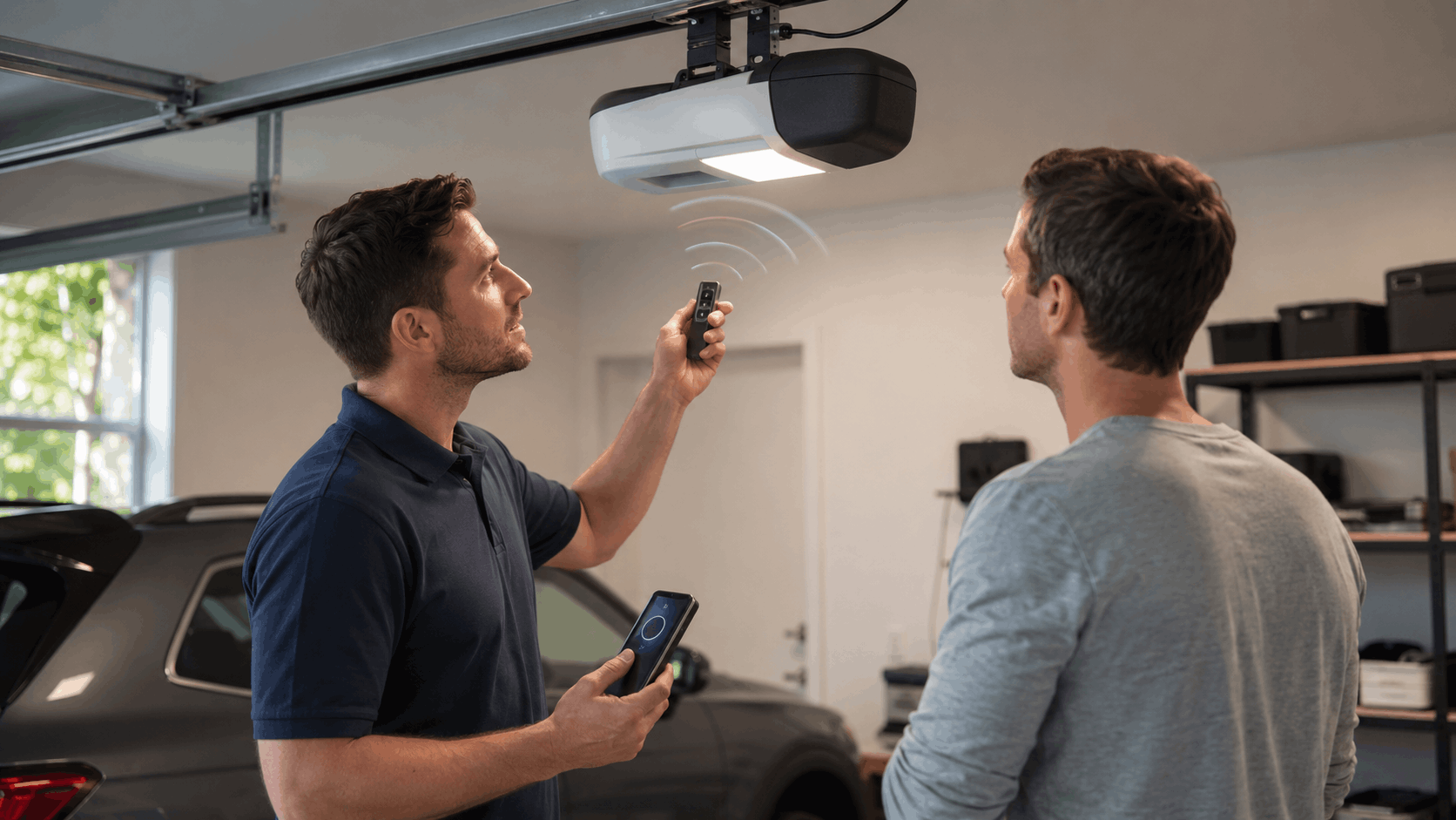 Technician demonstrating rolling code garage door opener remote signal to homeowner in Irvine