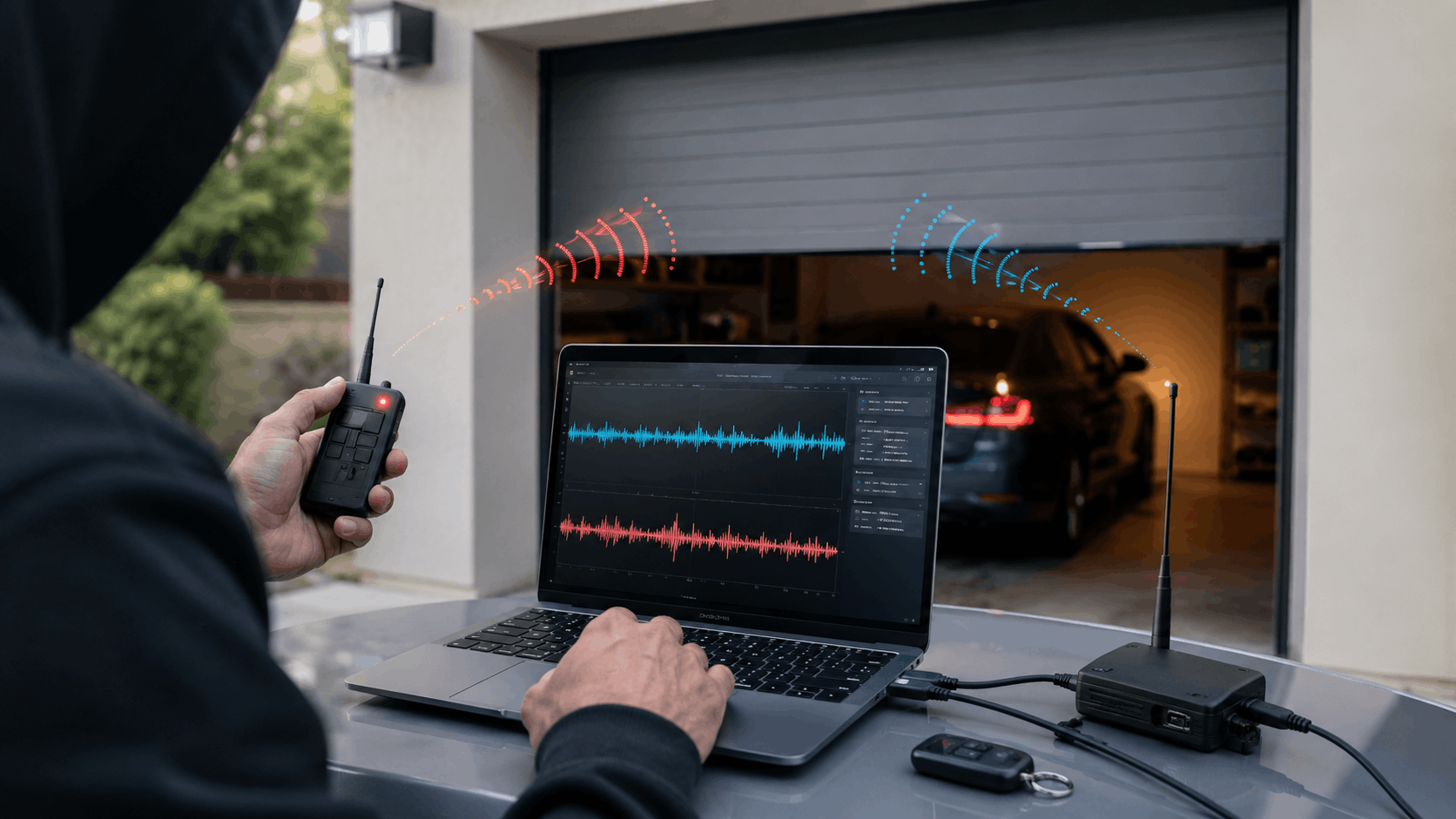Hooded figure using radio device and laptop to intercept garage door wireless signals