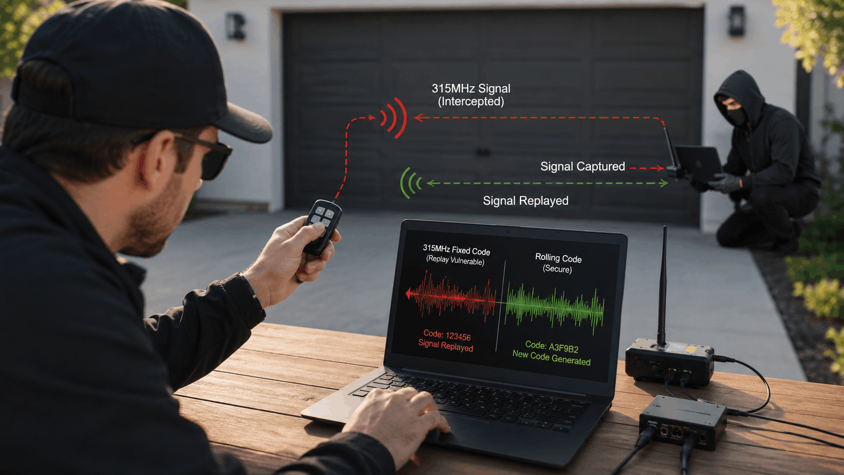 Hacker intercepting 315MHz garage door signal using laptop and RF equipment