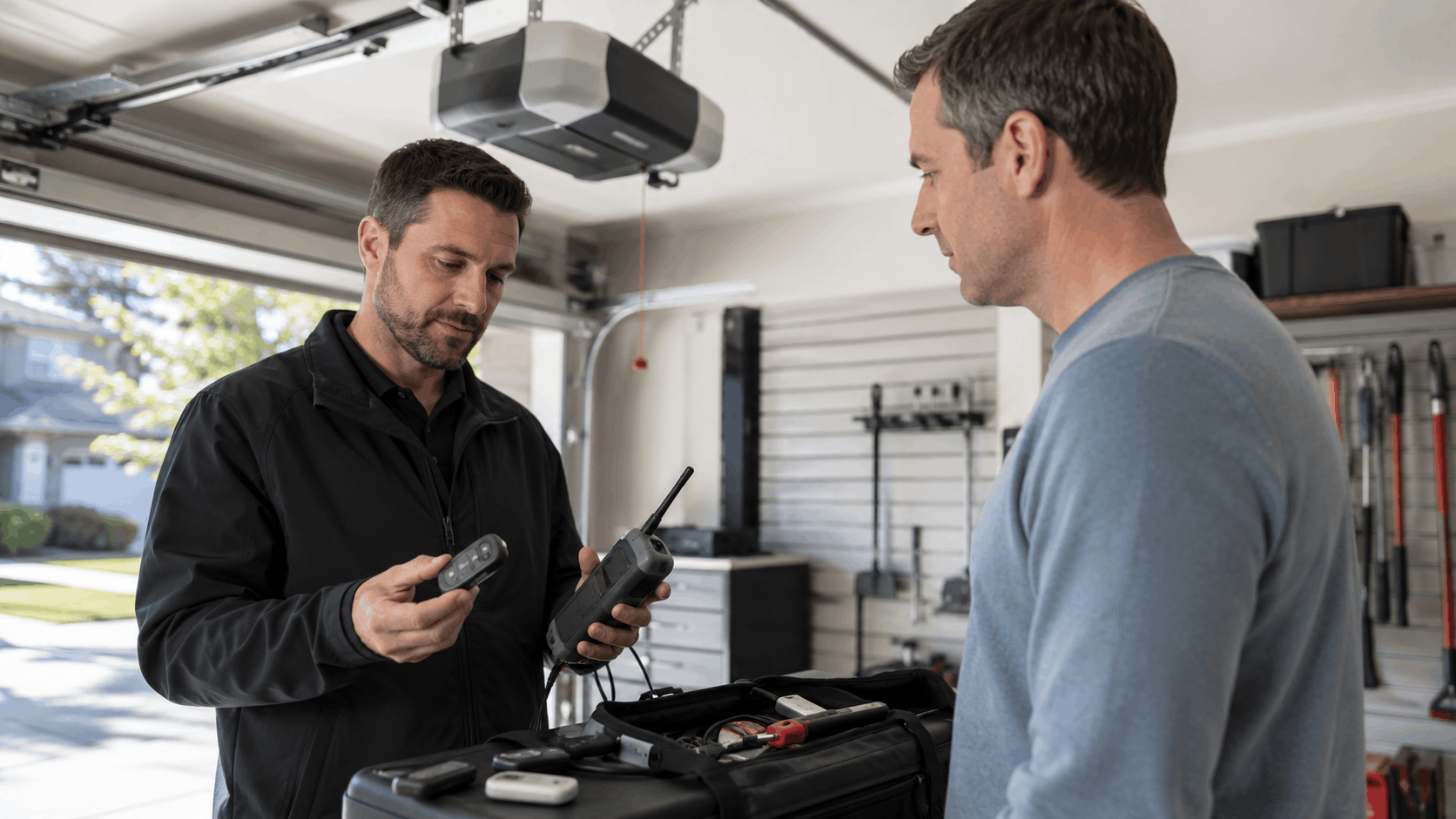 Garage door technician showing remote controls to Irvine homeowner during service consultation