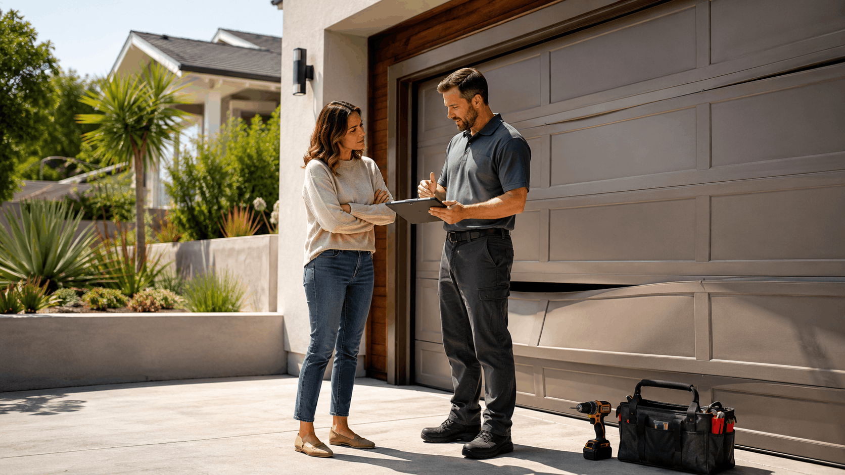 Irvine homeowner discussing denied garage door insurance claim with repair technician outside damaged garage