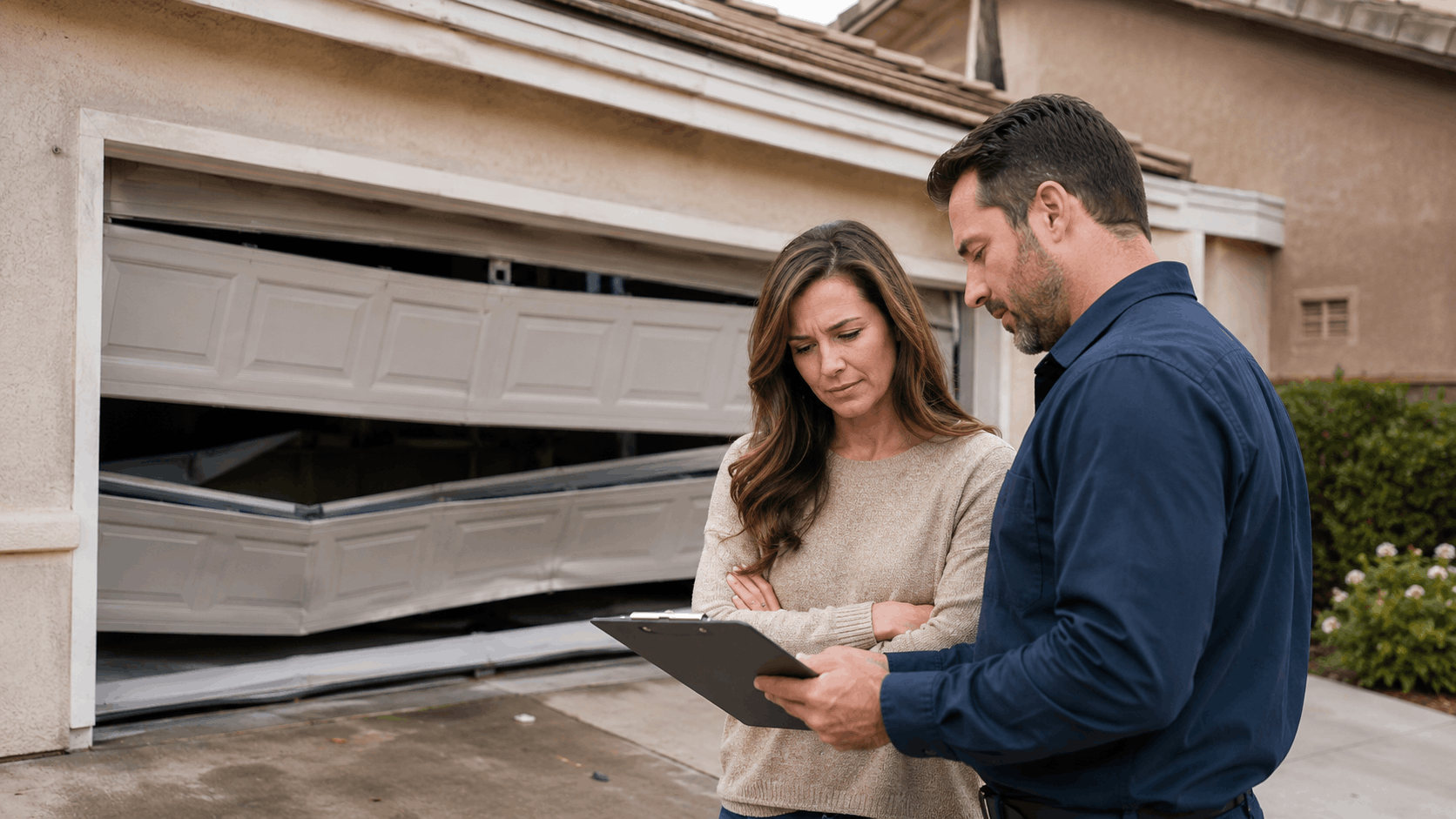 Homeowner and insurance adjuster reviewing clipboard in front of damaged garage door