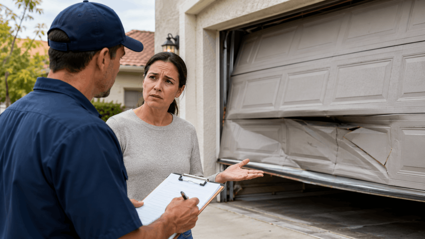 Homeowner discussing urgent garage door repair costs with technician holding clipboard in Irvine