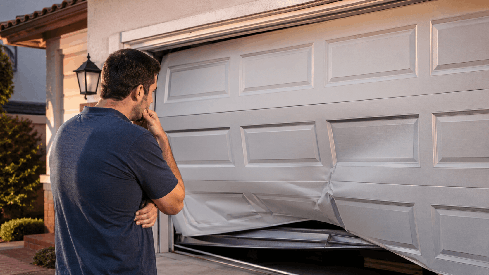 Homeowner inspecting severely damaged and bent white garage door panels in Irvine