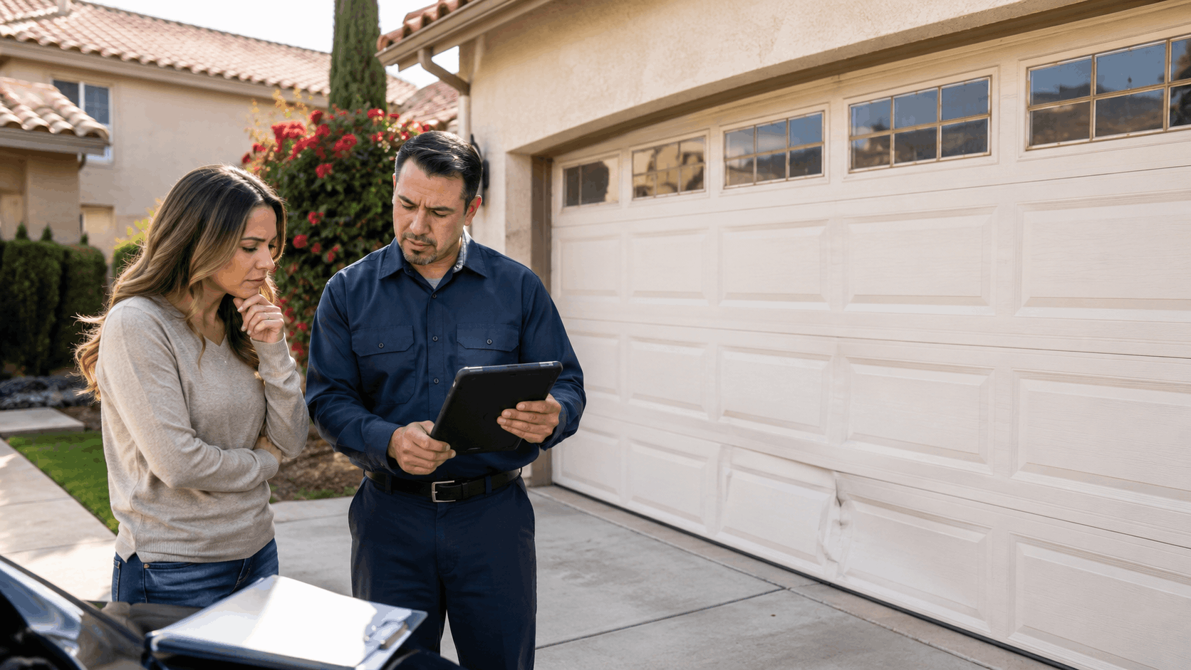 Garage door technician reviewing tablet with homeowner during urgent repair consultation Irvine