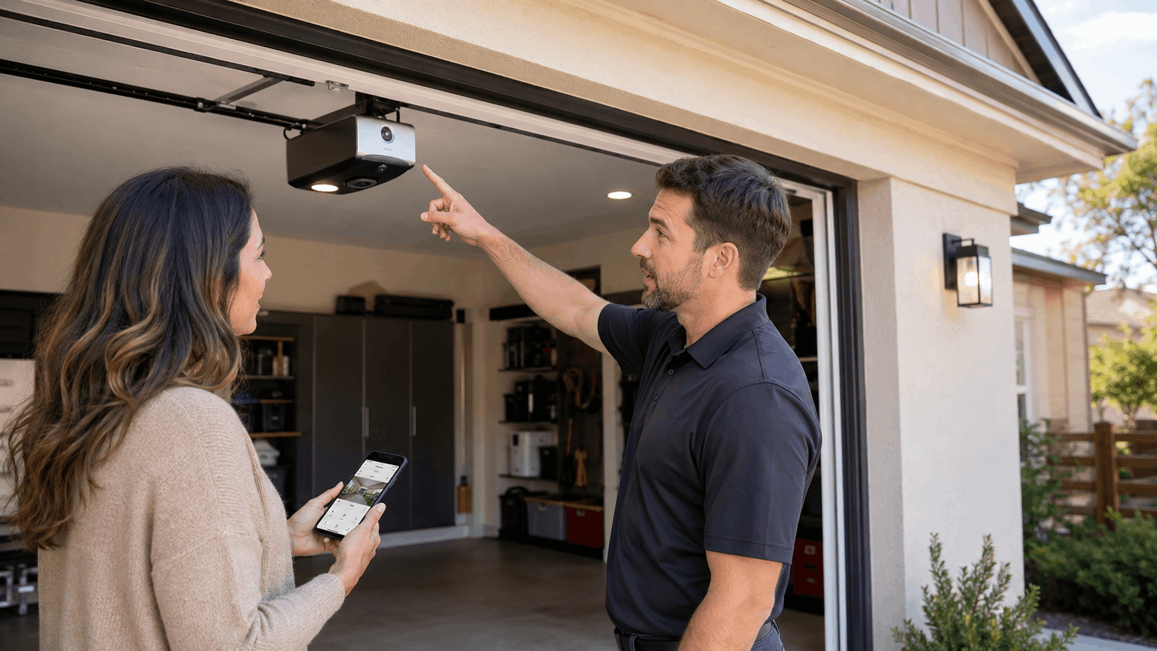Technician pointing to smart garage door opener camera while homeowner holds smartphone app