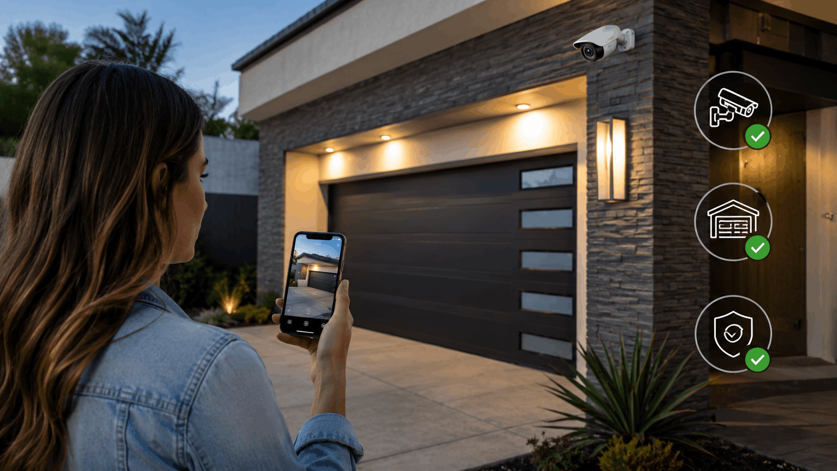 Woman using smartphone app to monitor home security camera and smart garage door opener