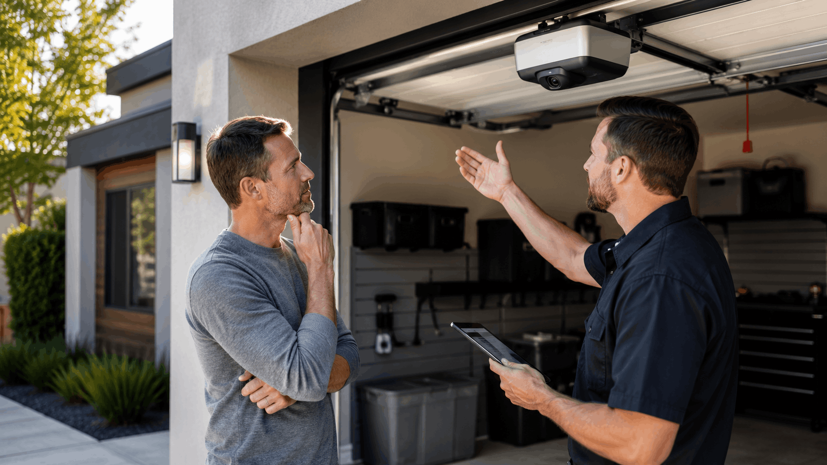 Technician explaining smart garage door opener installation to Irvine homeowner with tablet