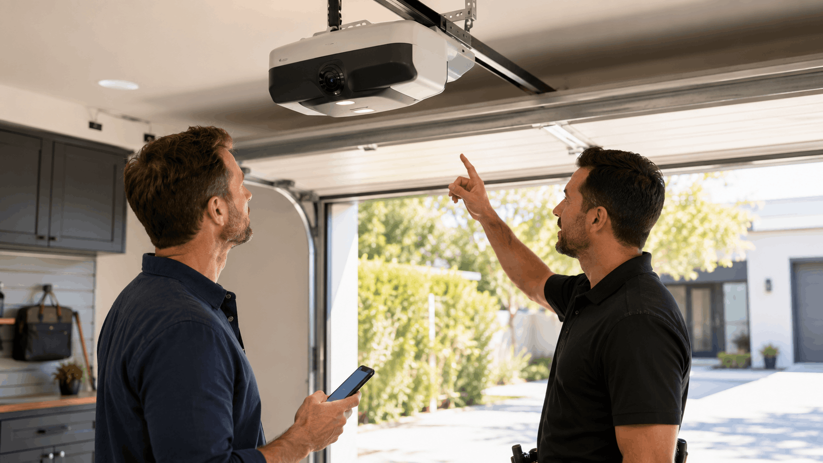 Technician pointing at smart garage door opener with camera to homeowner holding smartphone