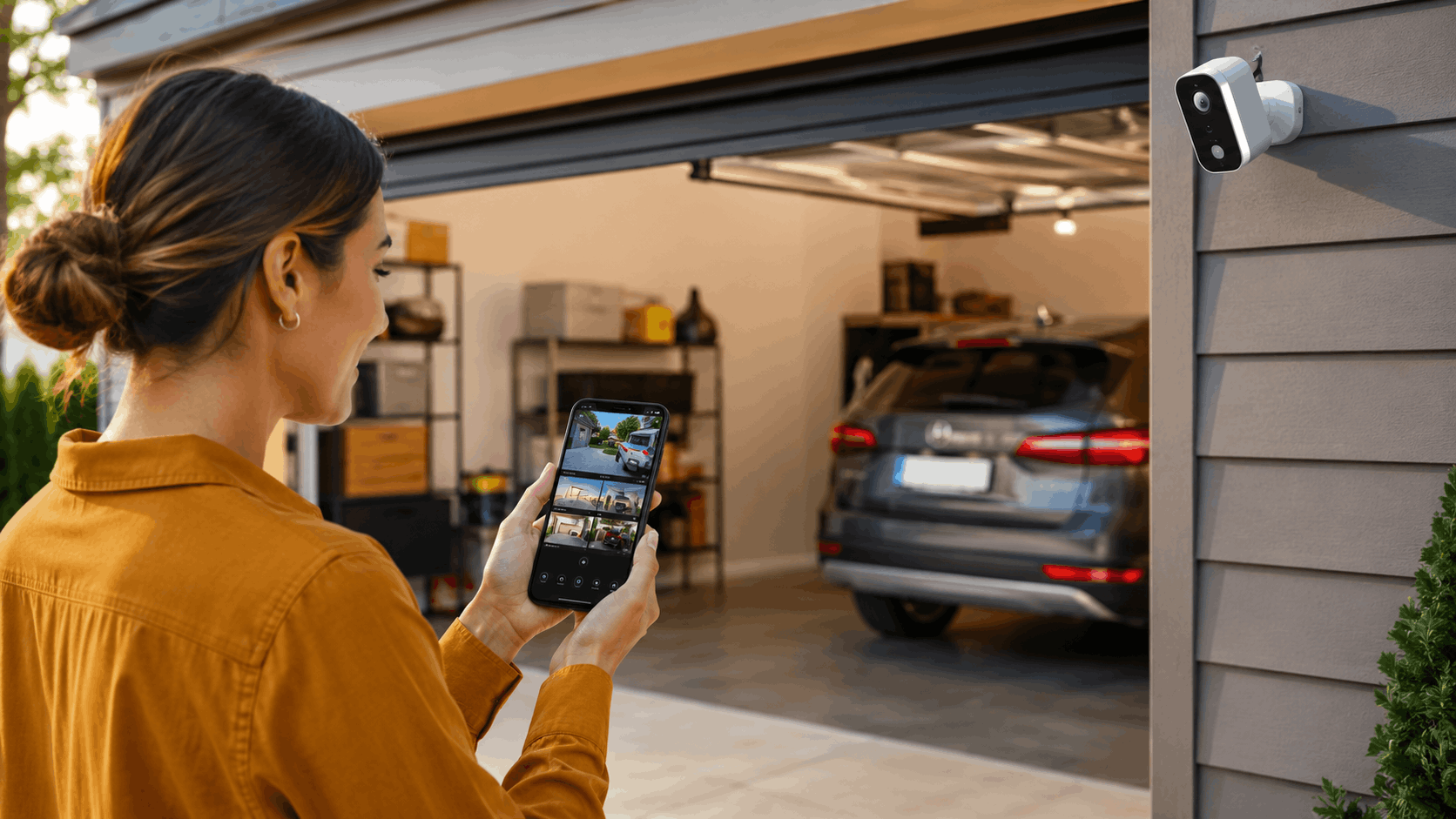 Woman using smartphone app to monitor home security camera outside open garage door