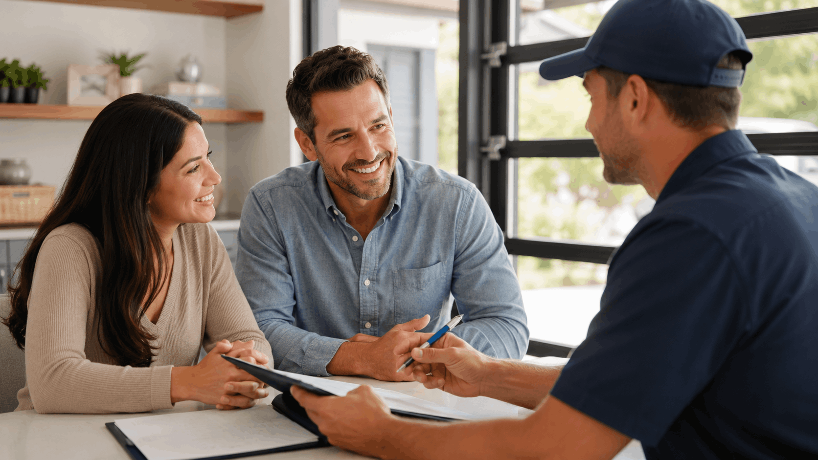 Homeowners smiling while reviewing garage door service agreement with uniformed technician