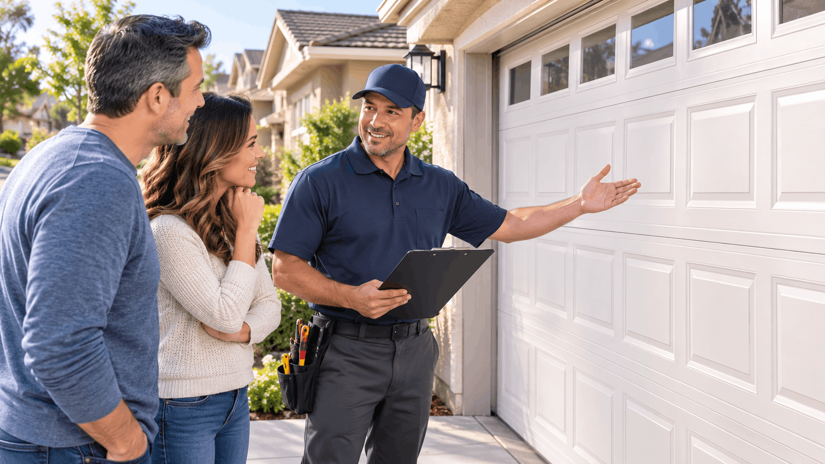 Garage door technician explaining common problems to homeowners in Irvine neighborhood