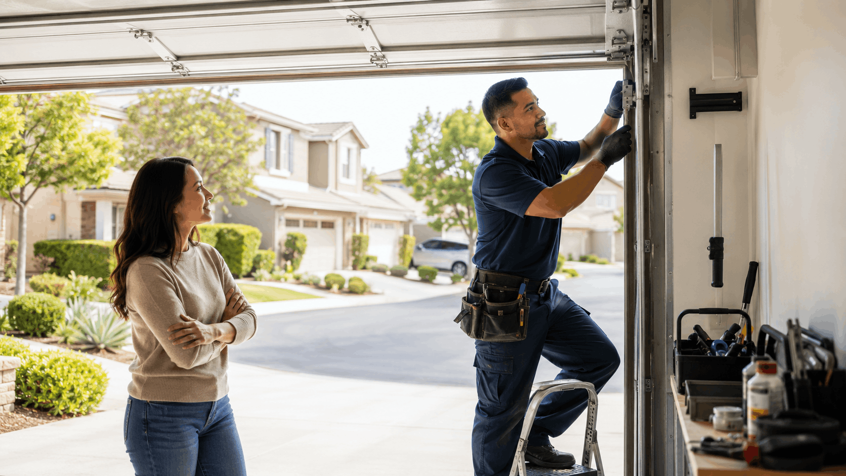 Garage door technician repairing track while homeowner watches in suburban neighborhood