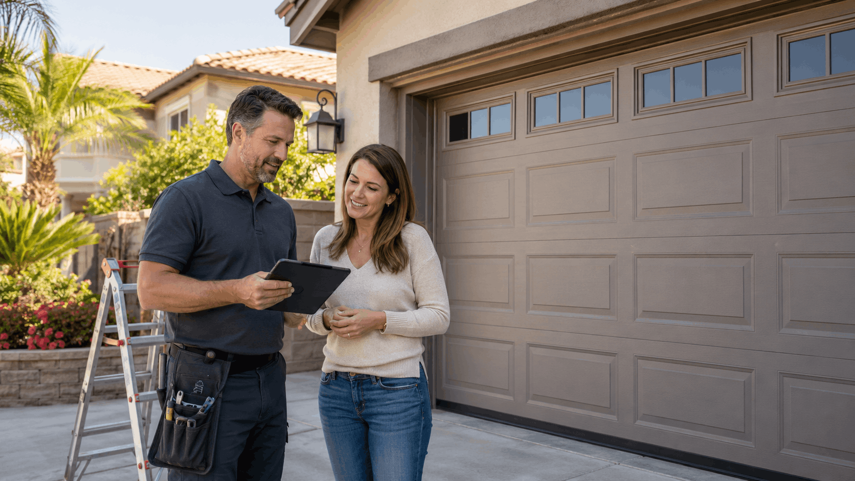 Garage door technician reviewing tablet with Irvine homeowner outside residential garage