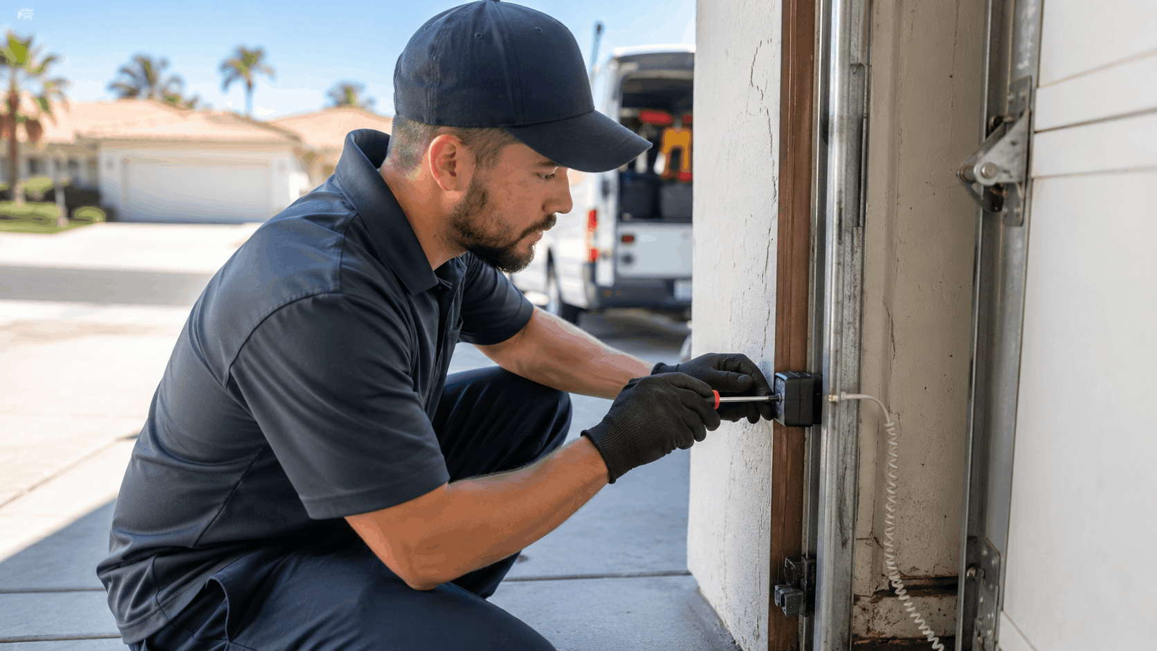 Garage door technician adjusting photo eye sensor on white garage door frame