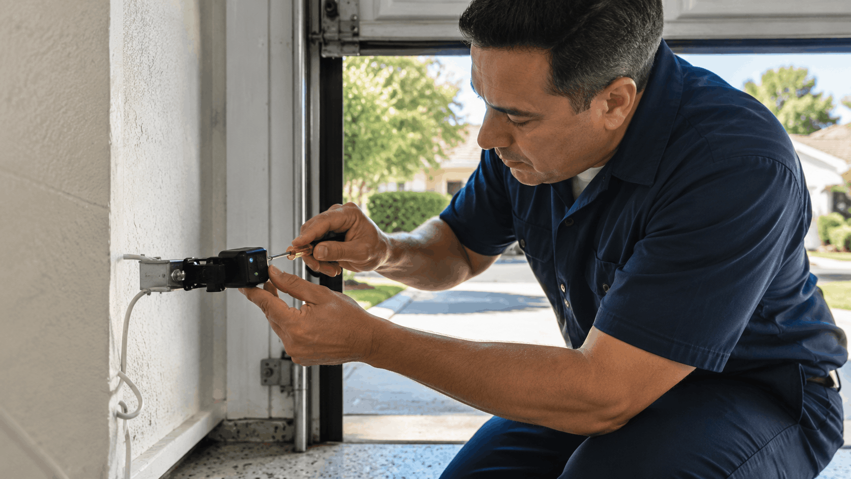 Technician repairing garage door safety sensor with screwdriver in Irvine home