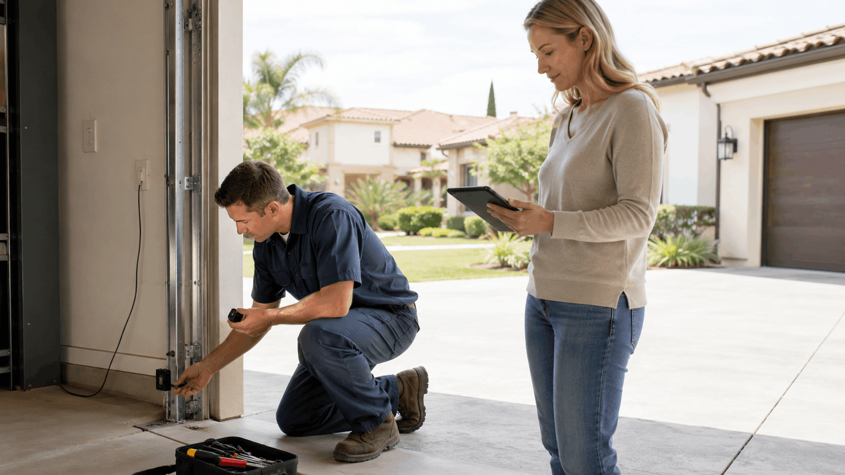 Garage door technician inspecting sensors while homeowner reviews tablet in Irvine driveway