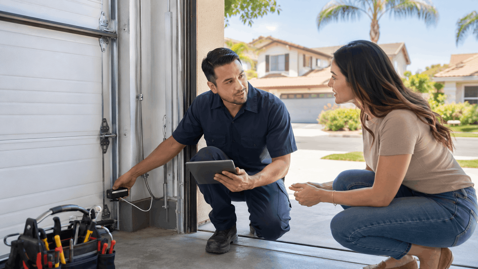 Garage door repair technician inspecting door mechanism with homeowner in Irvine