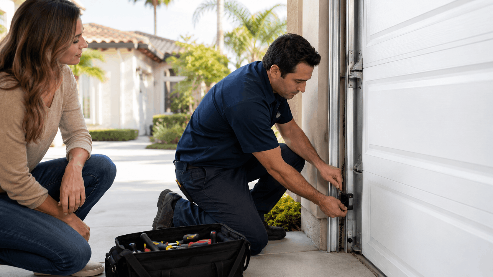 Garage door technician repairing bottom seal while Irvine homeowner watches closely