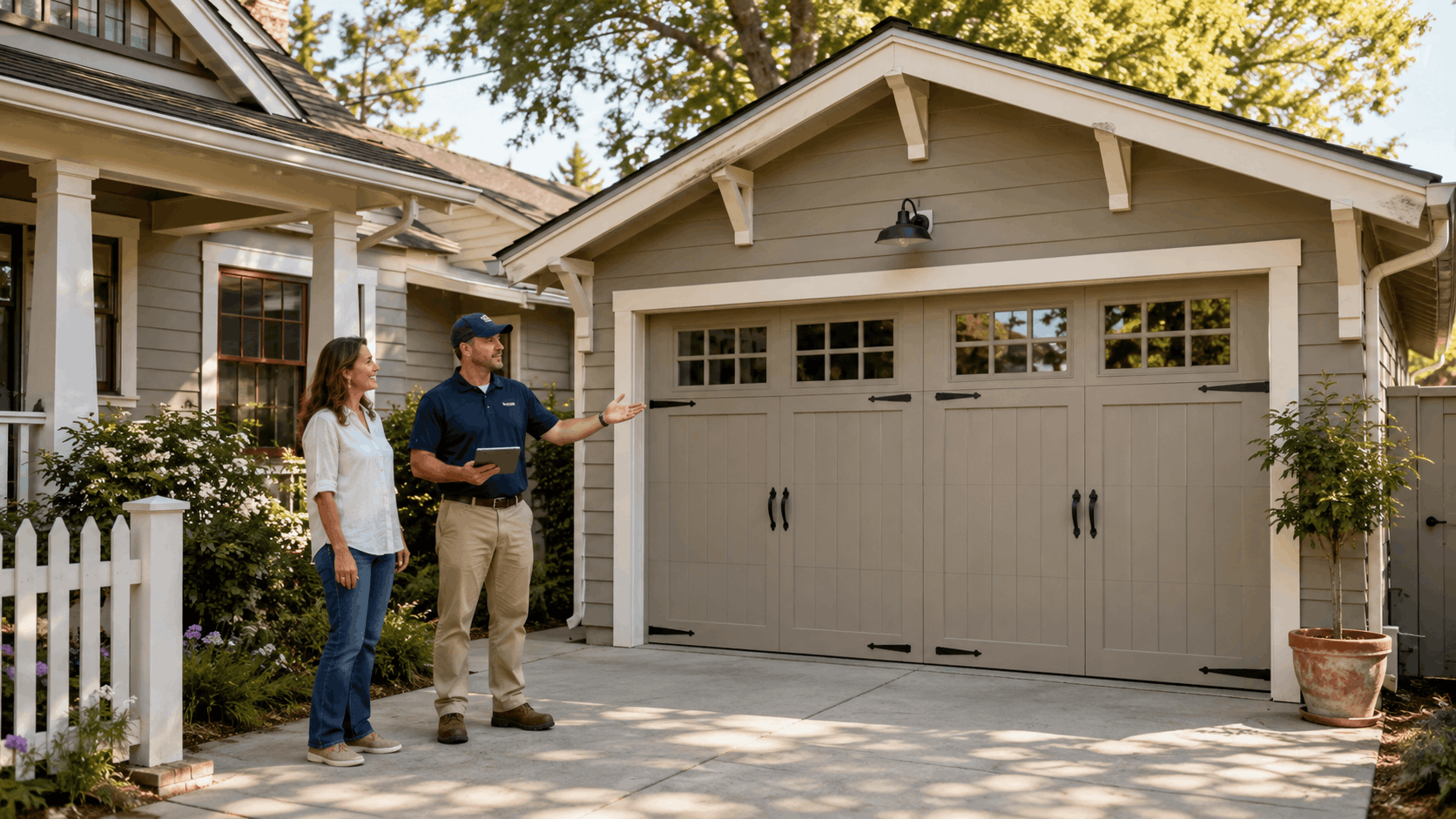 Garage door technician consulting homeowner outside craftsman style home with carriage doors