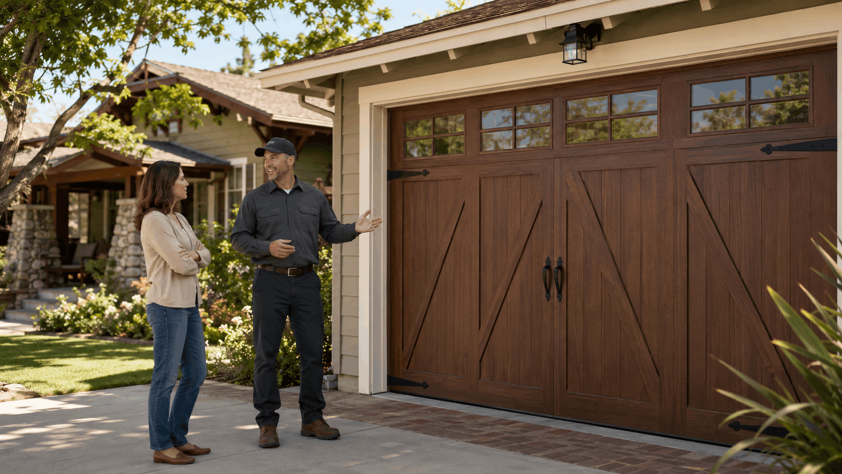 Garage door technician discussing historic wood-style garage door installation with Irvine homeowner