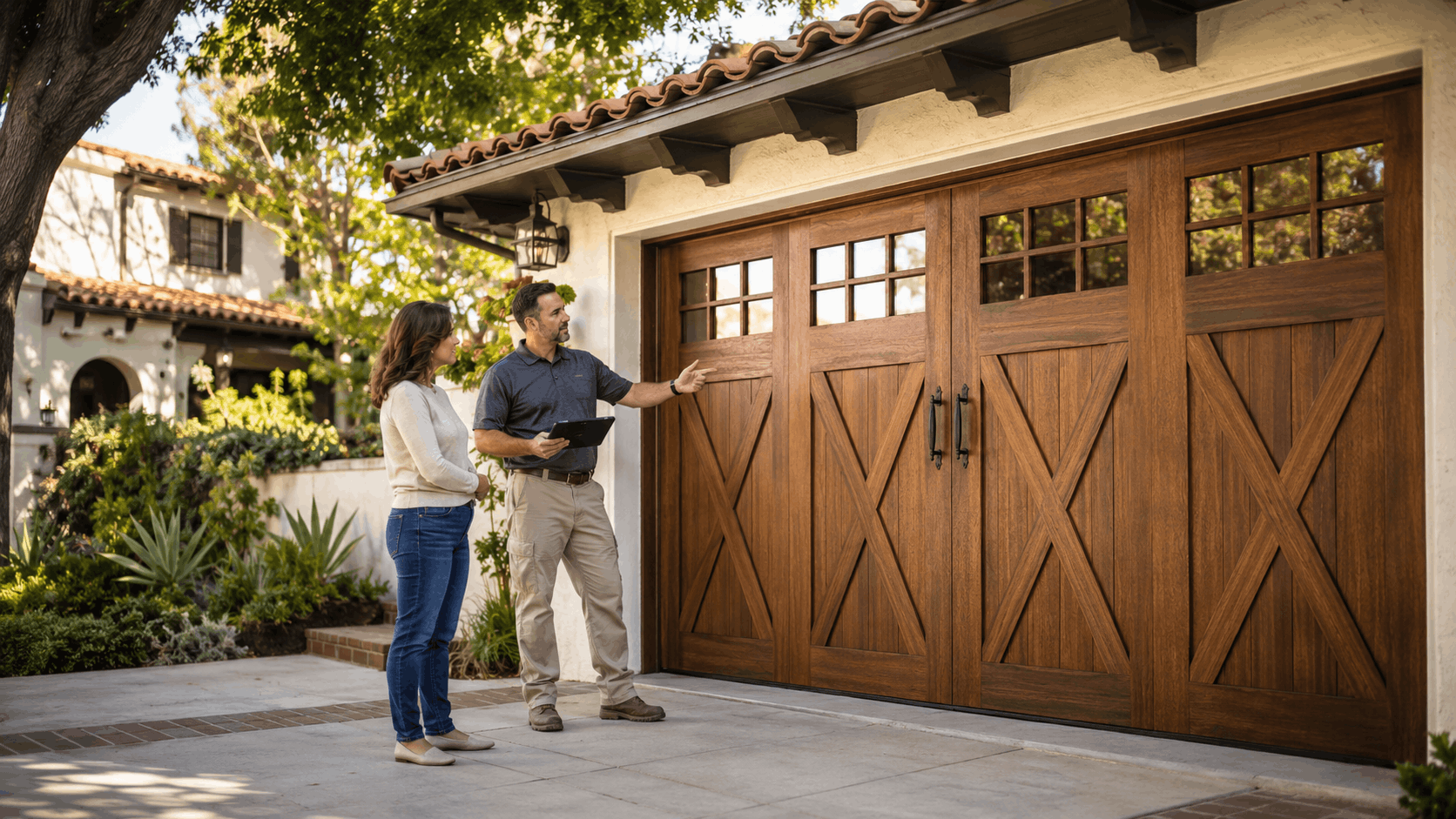 Garage door technician consulting homeowner about wooden carriage-style garage doors on historic Irvine home