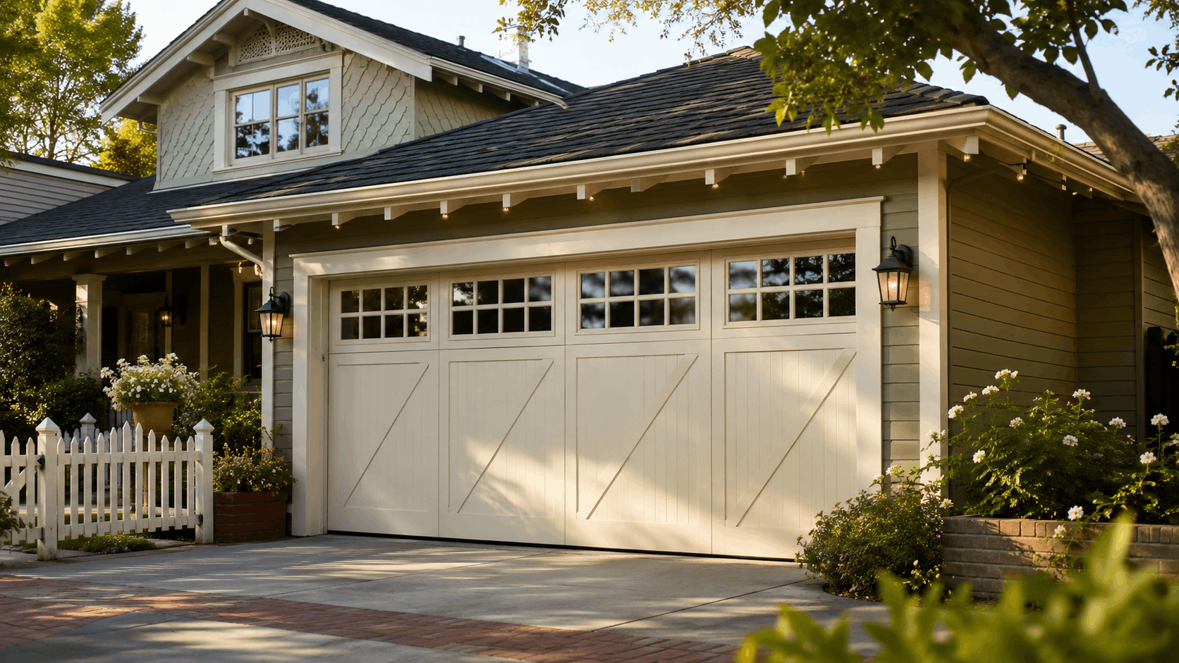 Cream carriage-style double garage door with windows on Irvine craftsman home