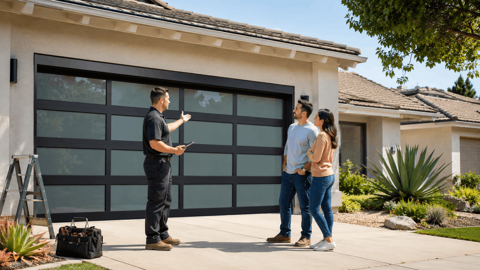 Garage door technician consulting with homeowners about modern black aluminum glass garage door upgrade