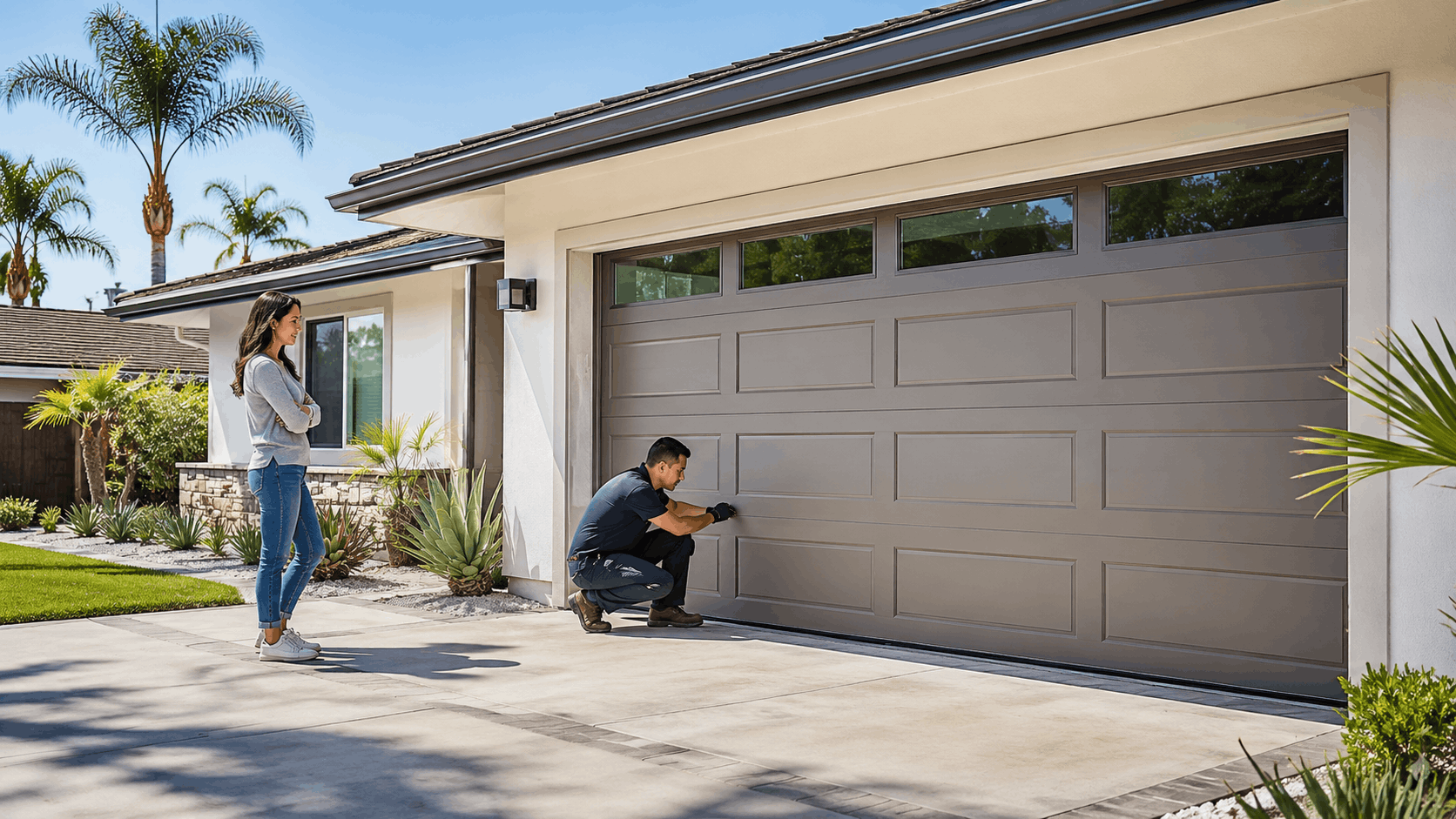 Garage door technician inspecting insulated garage door panel at Irvine home