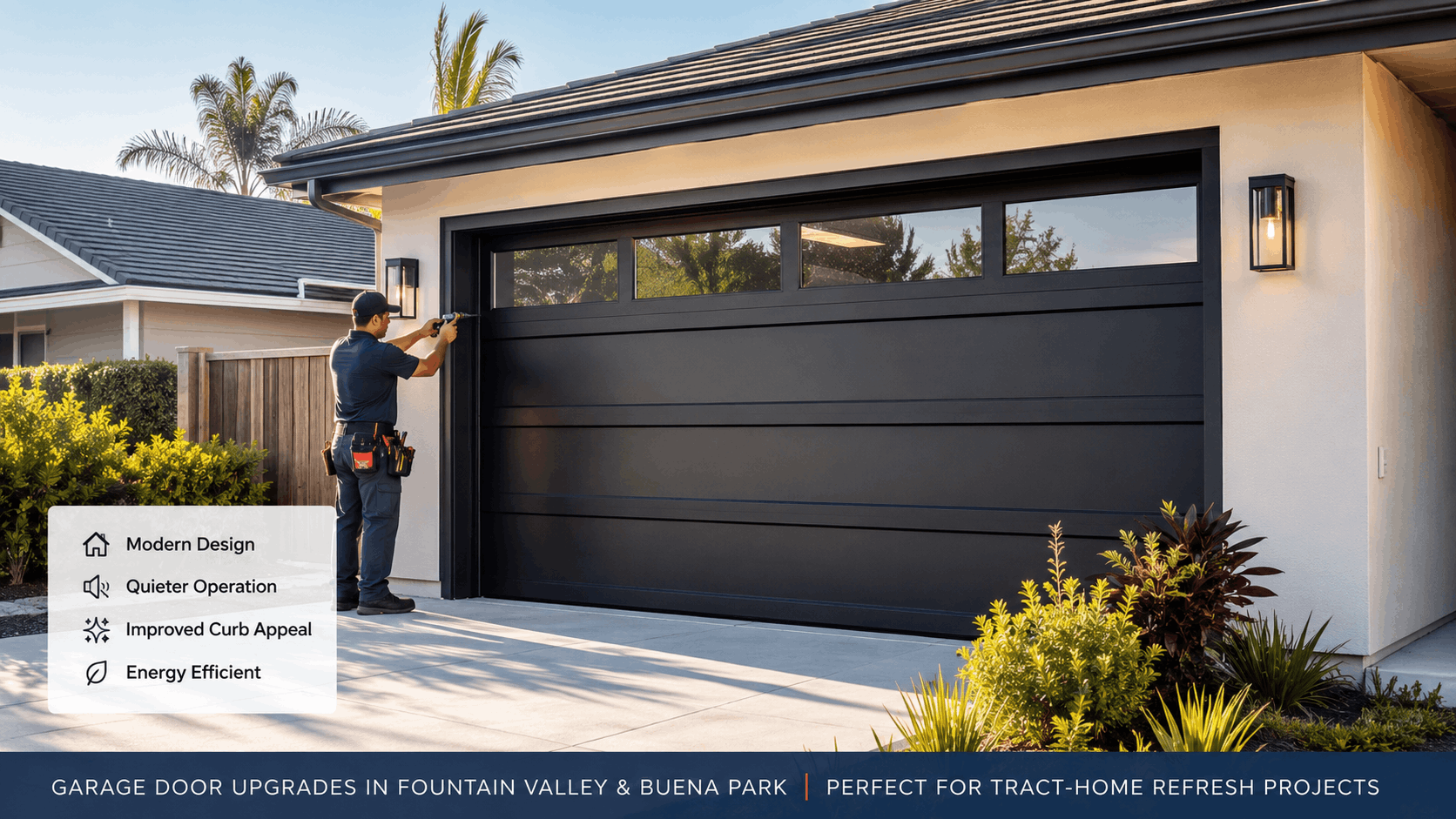 Technician installing modern black garage door on Fountain Valley tract home with windows