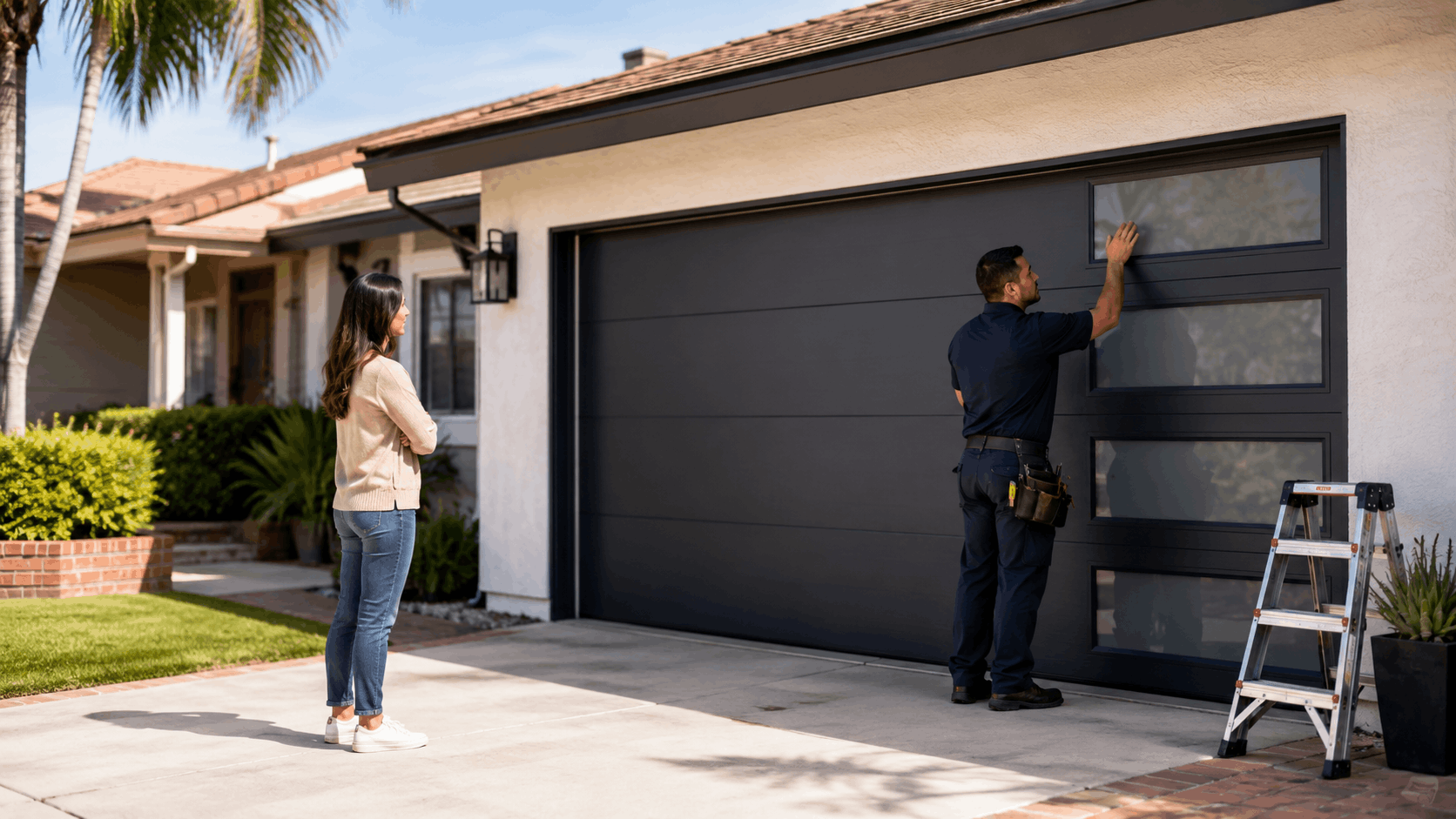 Garage door technician installing dark modern garage door while homeowner watches in Irvine