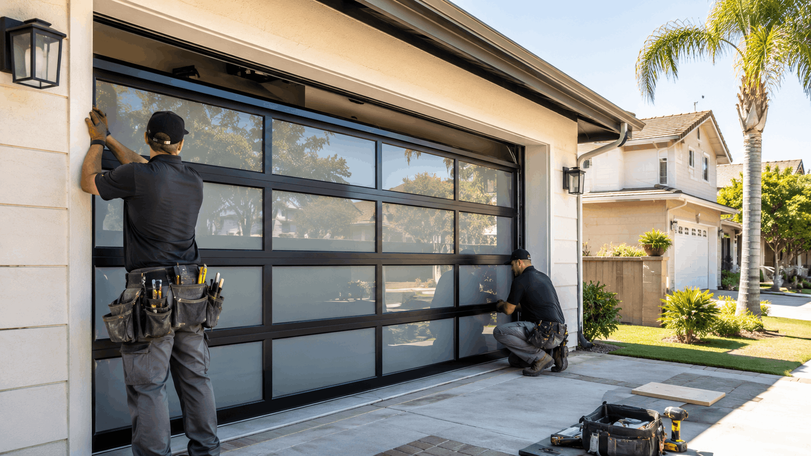 Two technicians installing modern black aluminum glass panel garage door in Irvine