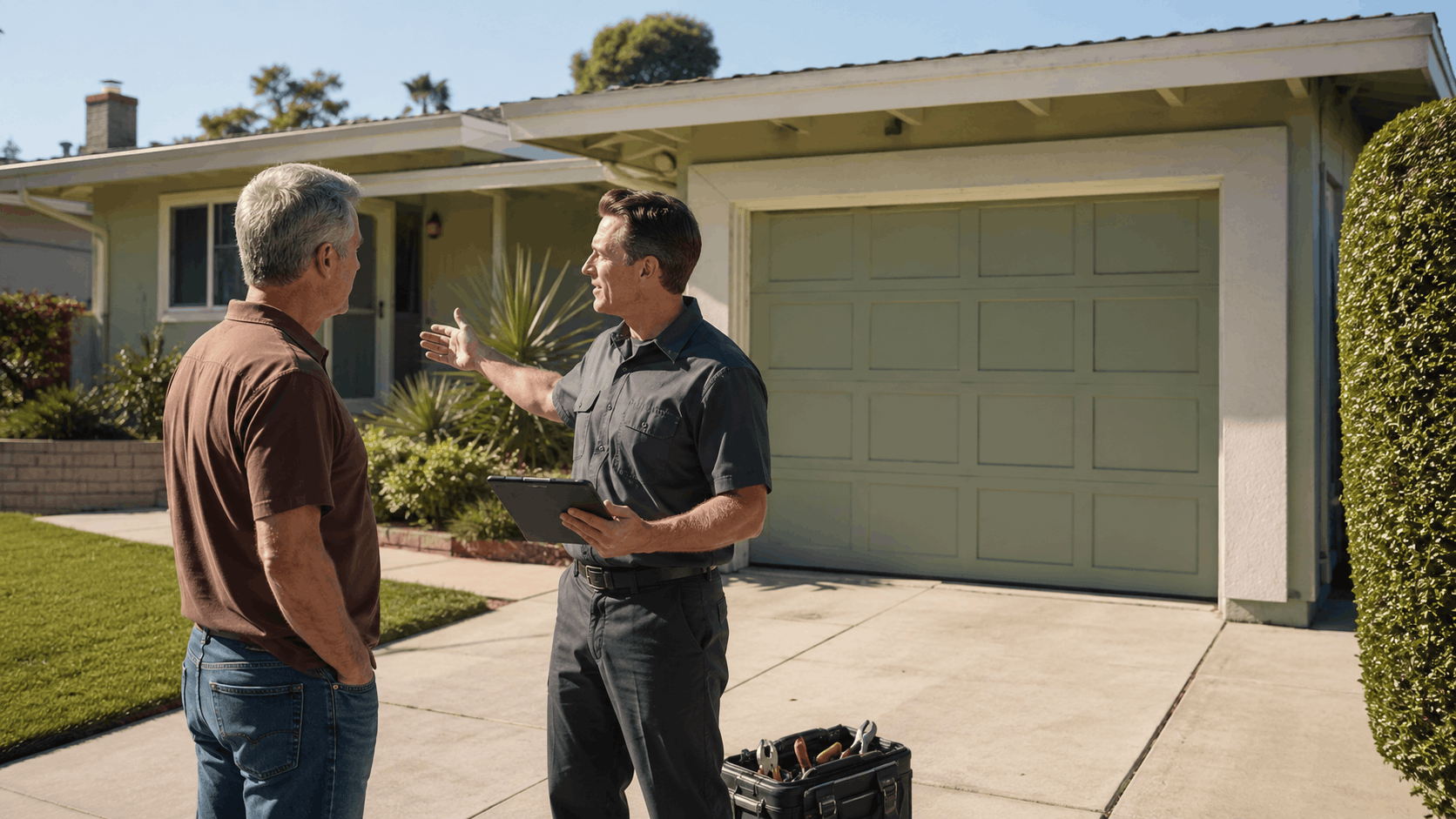 Garage door technician consulting Irvine homeowner on driveway with toolkit and tablet