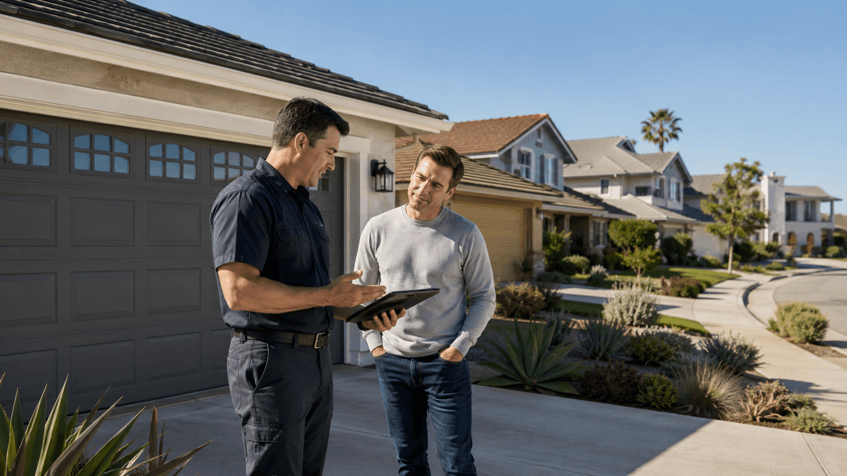 Garage door technician reviewing clipboard with Irvine homeowner on suburban driveway
