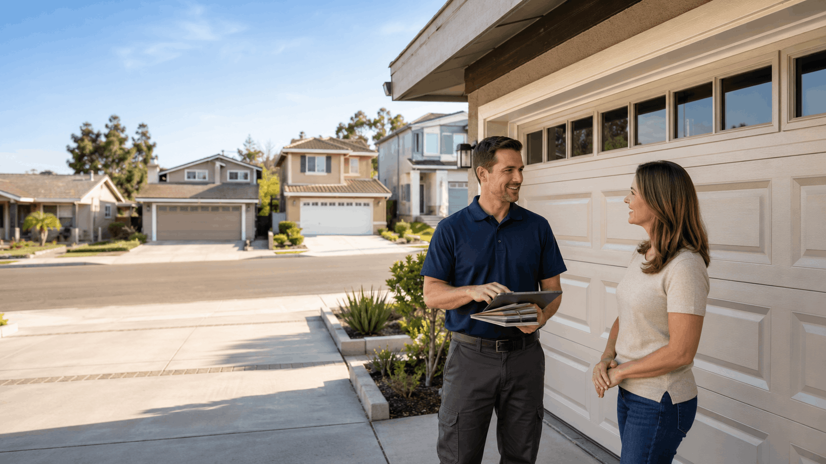 Garage door technician consulting with Irvine homeowner outside modern suburban home