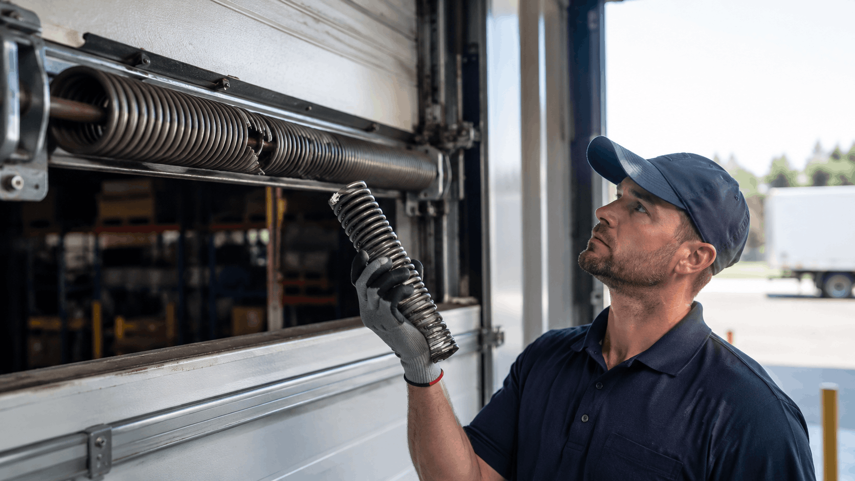 Technician inspecting broken garage door torsion spring during repair service in Irvine