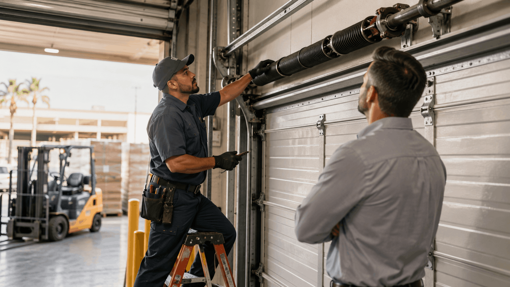 Technician replacing high-cycle garage door springs at Irvine commercial warehouse loading dock