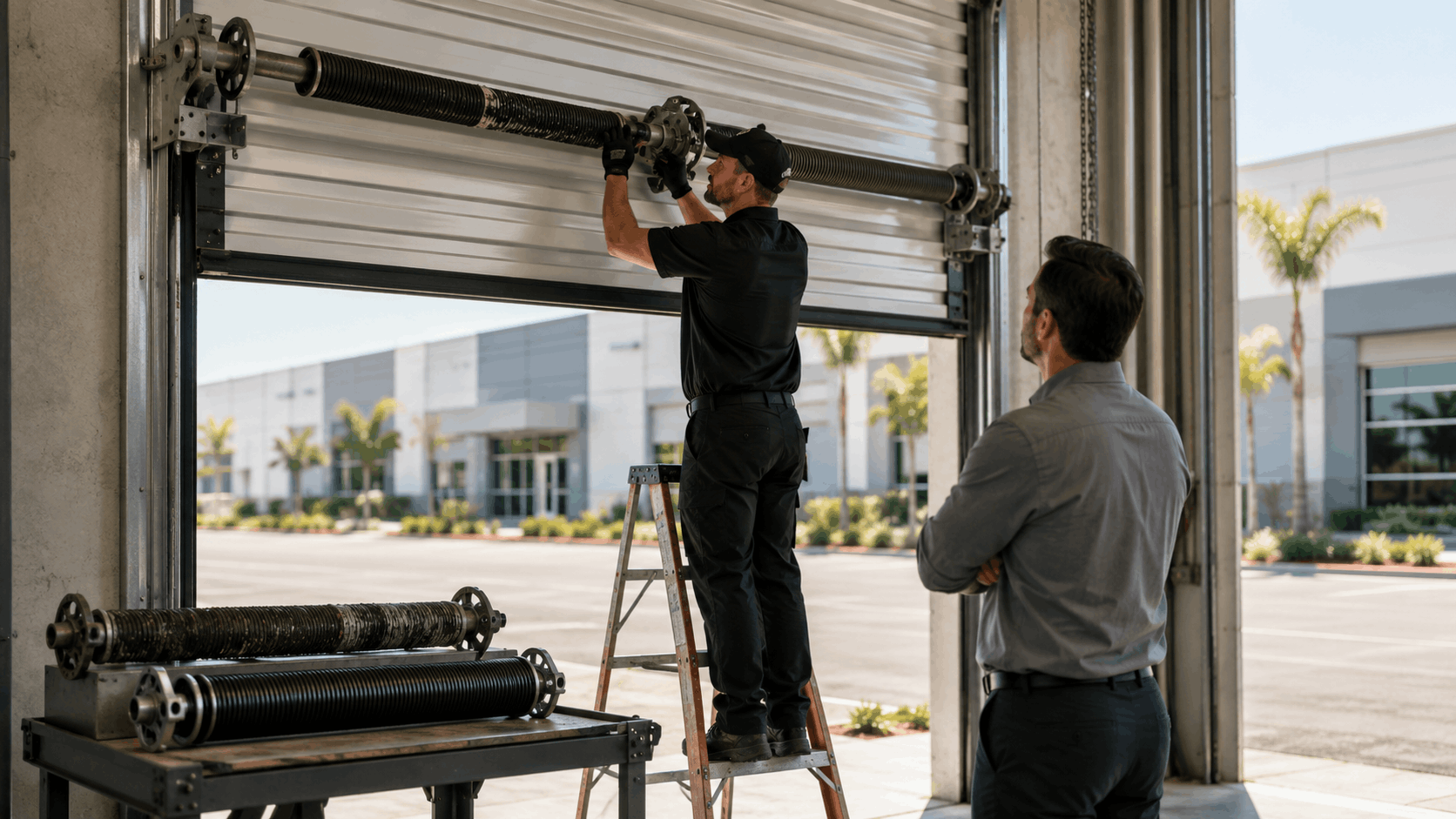 Technician replacing commercial garage door springs on ladder at Irvine business facility
