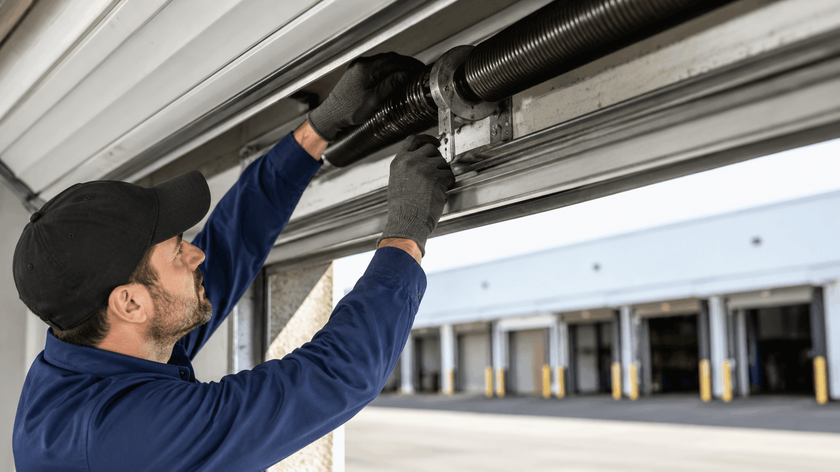 Technician repairing commercial garage door torsion spring at Irvine business loading dock