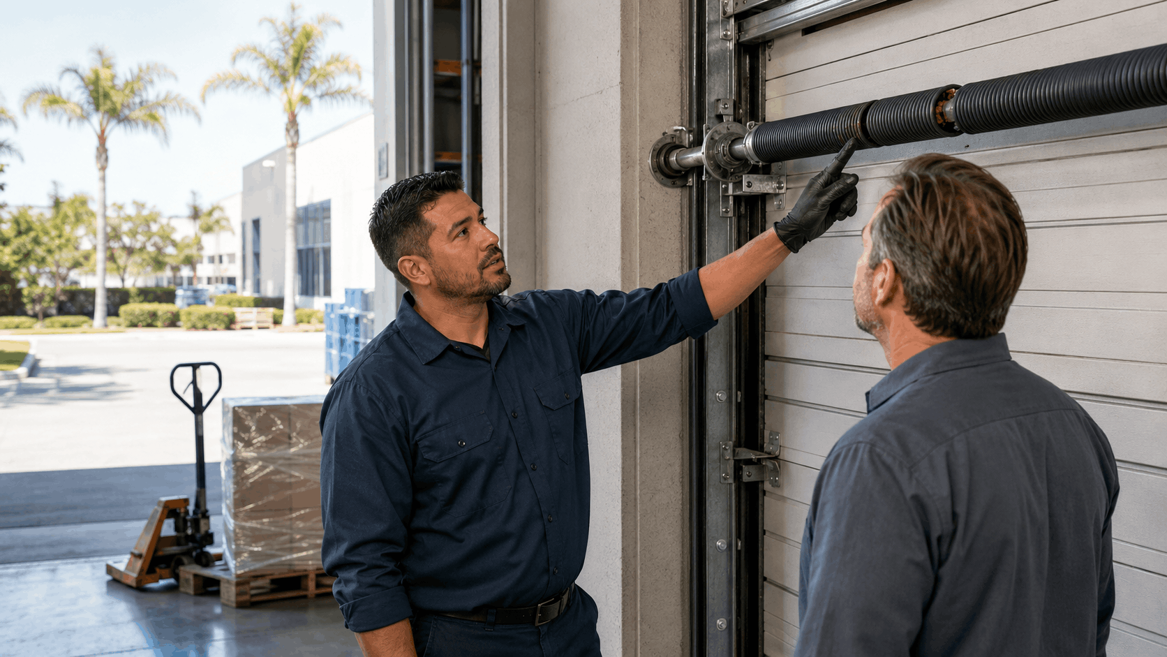 Garage door technician inspecting commercial torsion spring mechanism with Irvine business owner