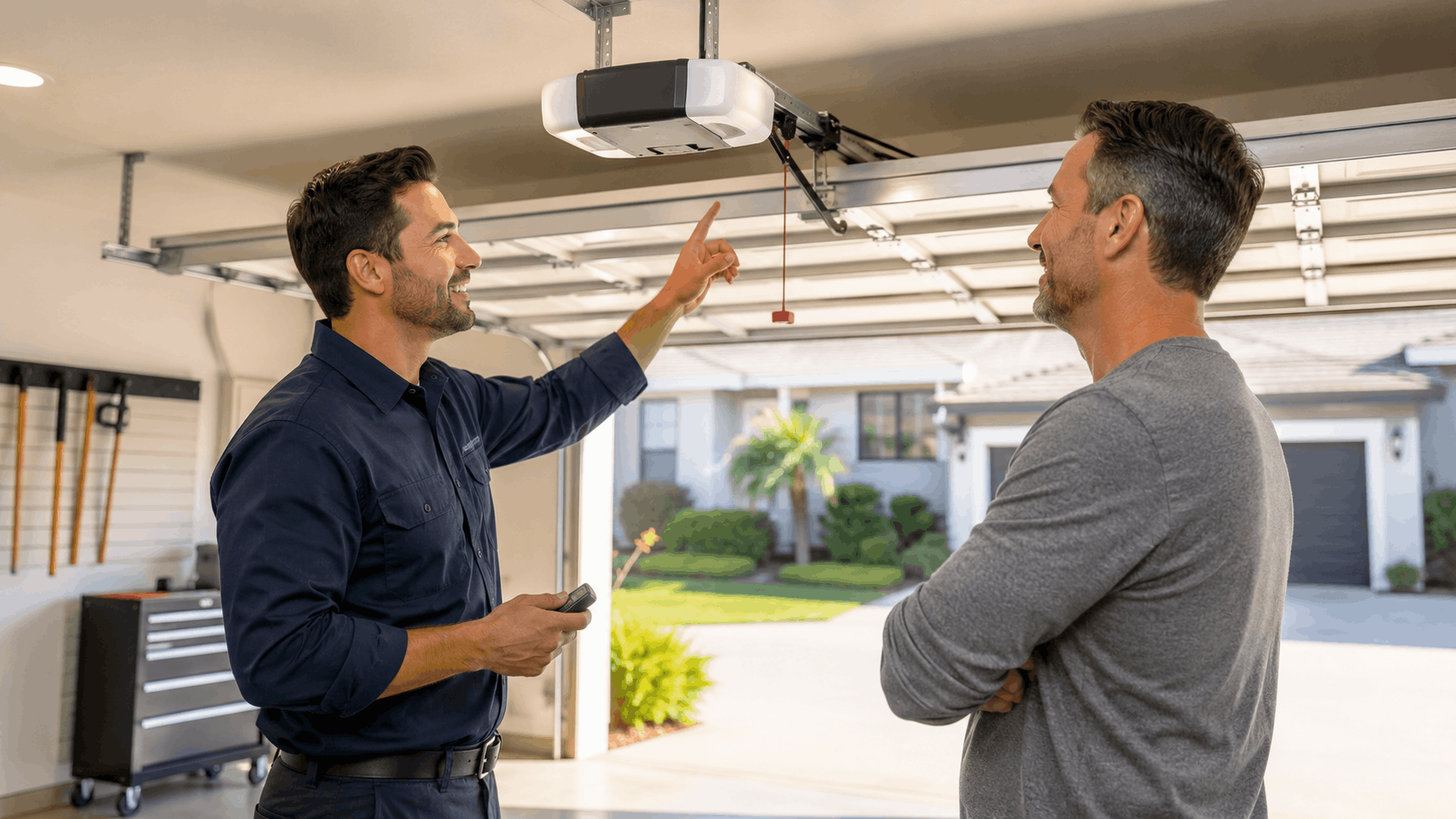 Garage door technician explaining opener installation labor costs to Irvine homeowner in garage