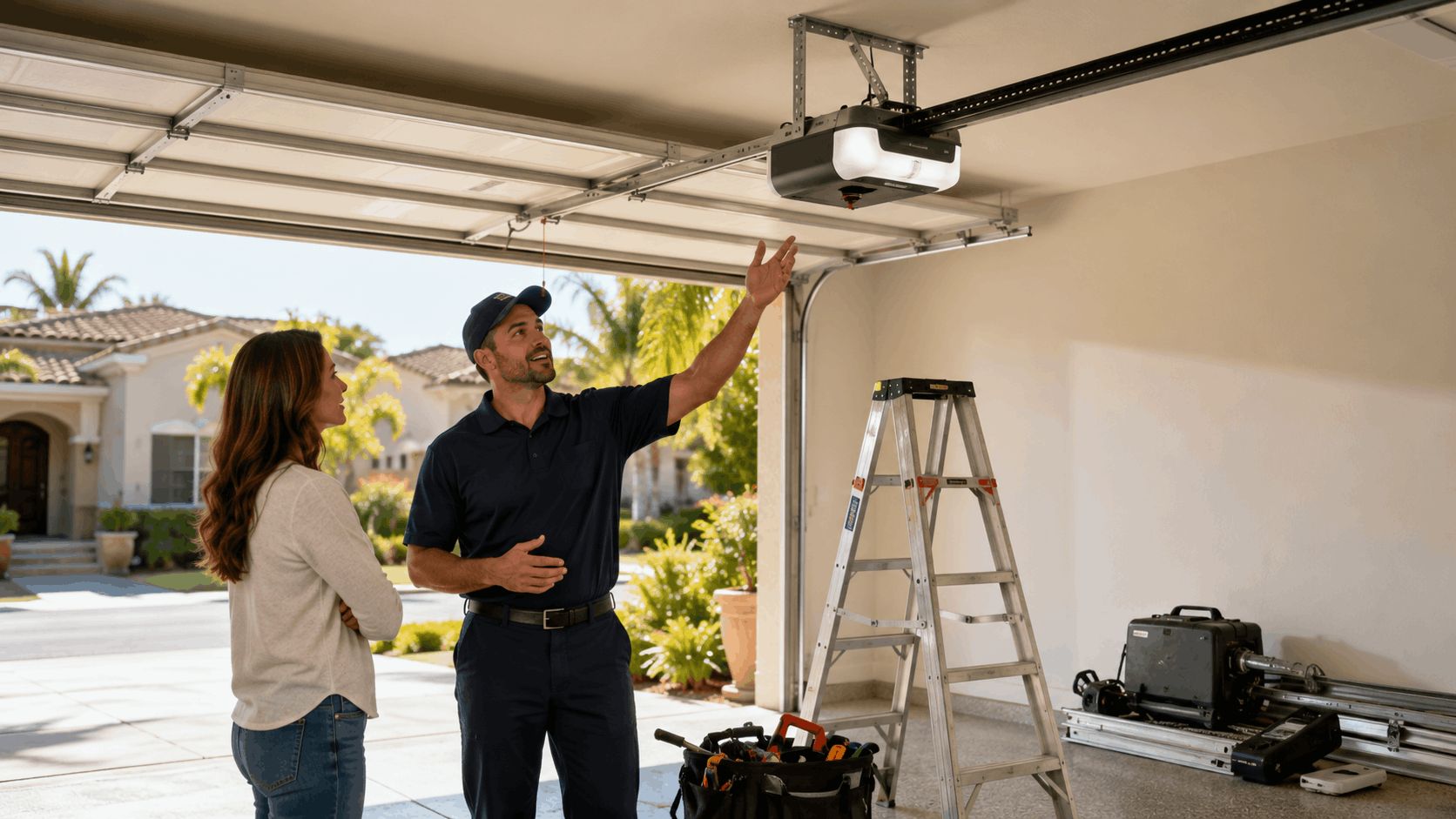 Garage door technician explaining new opener installation to Irvine homeowner